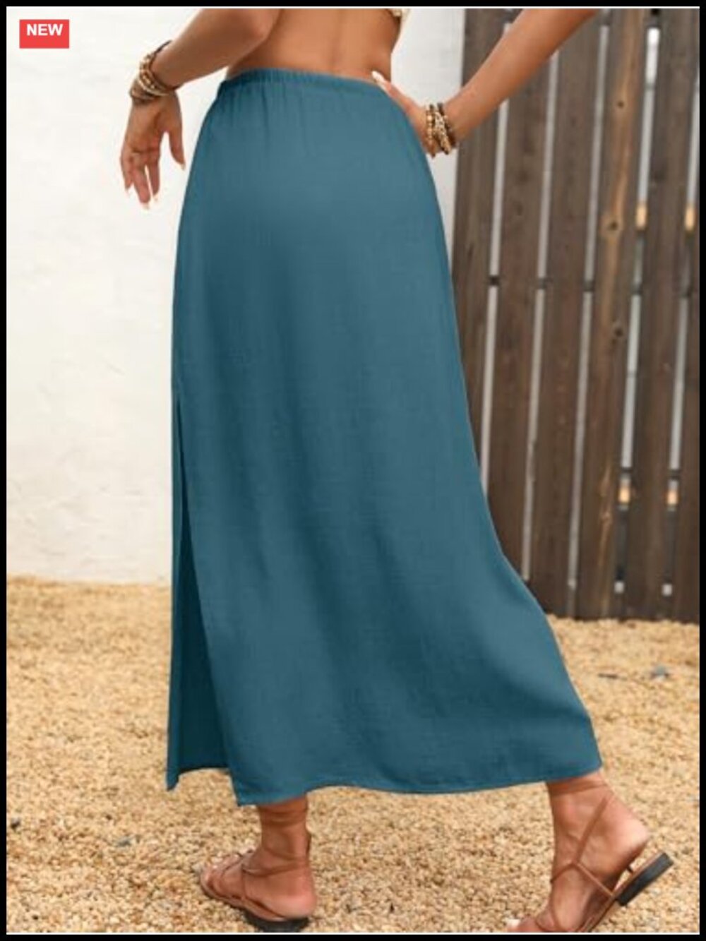Linen Straight Maxi Skirt with Side Slit & Pockets Elastic Waist Drawstring - Picture 2 of 6